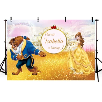

Vinyl Princess Beauty and The Beast Birthday Party Kids Photography Backdrop Gold Glitter Backgrounds for Photo Studio