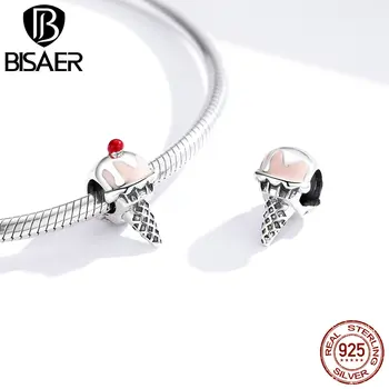 

BISAER Beads 925 Sterling Silver Pink Ice Cream Red Cherries Charms Summer Pendant Fit Pan Bracelet Necklace Jewelry Gift