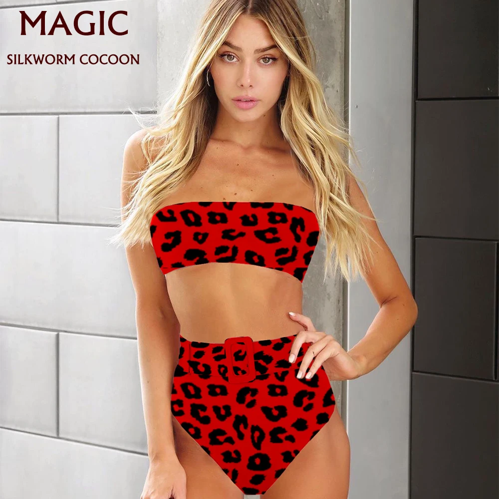 

Personality Belt Sexy Swimsuit Push Up Tankini Set Women Swimwear Red Leopard Print Two Piece Bathing Suit Beach Girl SwimWear