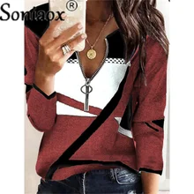 

2021 Women Fleece Sexy Sweatshirts Winter Autumn Zipper V-Neck Geometry Plus Sizes Tops Ladies Color Matching Pullovers Hooded