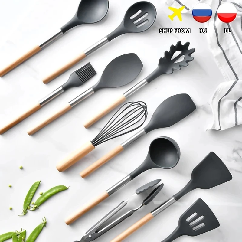 New 12PCS Silicone Kitchen Tools Cooking Sets Turner Soup Spoon Spatula Brush Non-Stick Shovel With Wooden Handle Cooking Tools