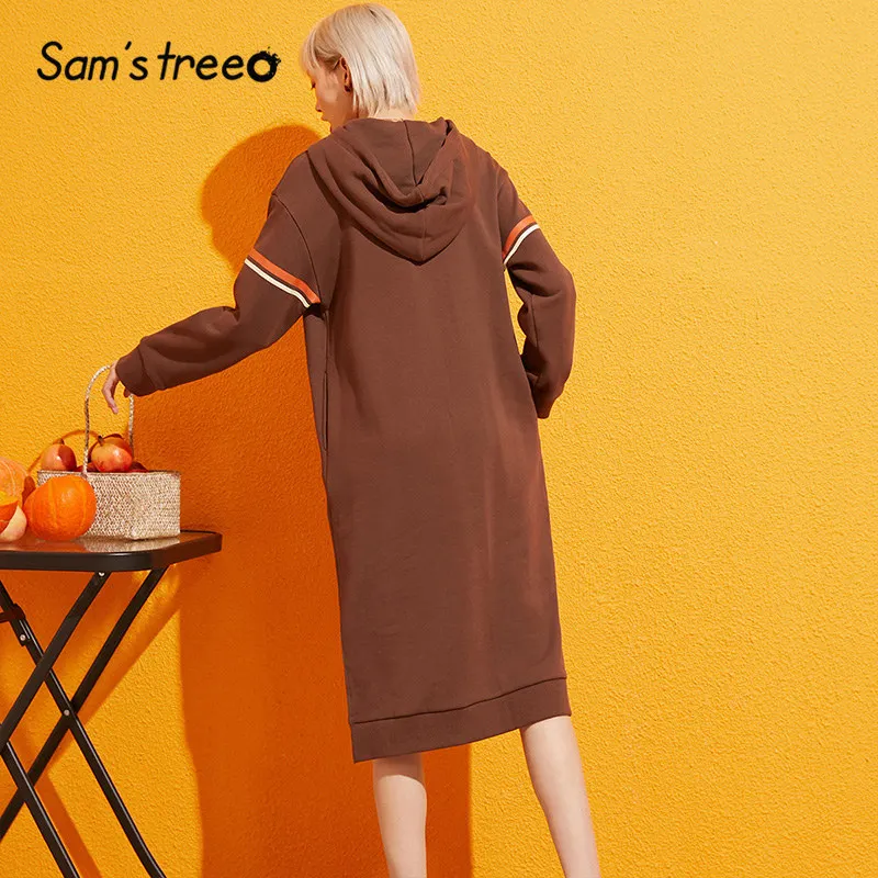 Samstree coffee Повседневные толстовки с капюшоном и буквенным принтом, женское платье, осень, с длинным рукавом, для отдыха, дамские платья свободного покроя