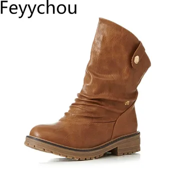 

Women Boots Med Heel Autumn Winter Pu Slip on Ankle Western Round Toe Platform 2019 New Sexy Fashion Beige Black Size 34-43