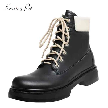 

krazing pot new arrival motorcycle boots hot real leather mixed color platform round toe med heel lace up energy ankle boots L17