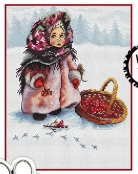 

WUYU Lovely Counted Cross Stitch Kit Russian Winter Girl Child and Cherry Red Fruits in Snowy Day