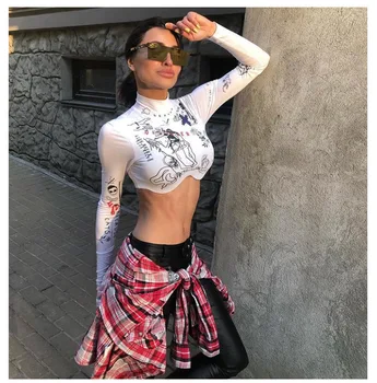 

Fashion Sexy O-Neck Long Sleeve Top Micro Ultra Short Slim Sports T-Shirt Feminino Printed Beachwear Top Tee Shirt