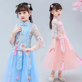 

Chinese Traditional Clothes Hanfu Girl Spring Summer Princess Toddler Baby Stylish Two Piece Set Outfit Tops And Skirt Blue Pink