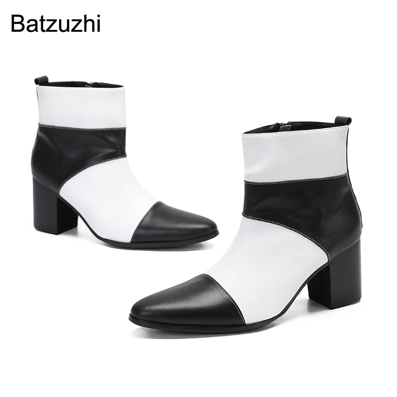 Batzuzhi British Style New Men Shoes Pointed Toe Black White Genuine Leather Boots Ankle Men for Knight/Party and Wedding, 38-46