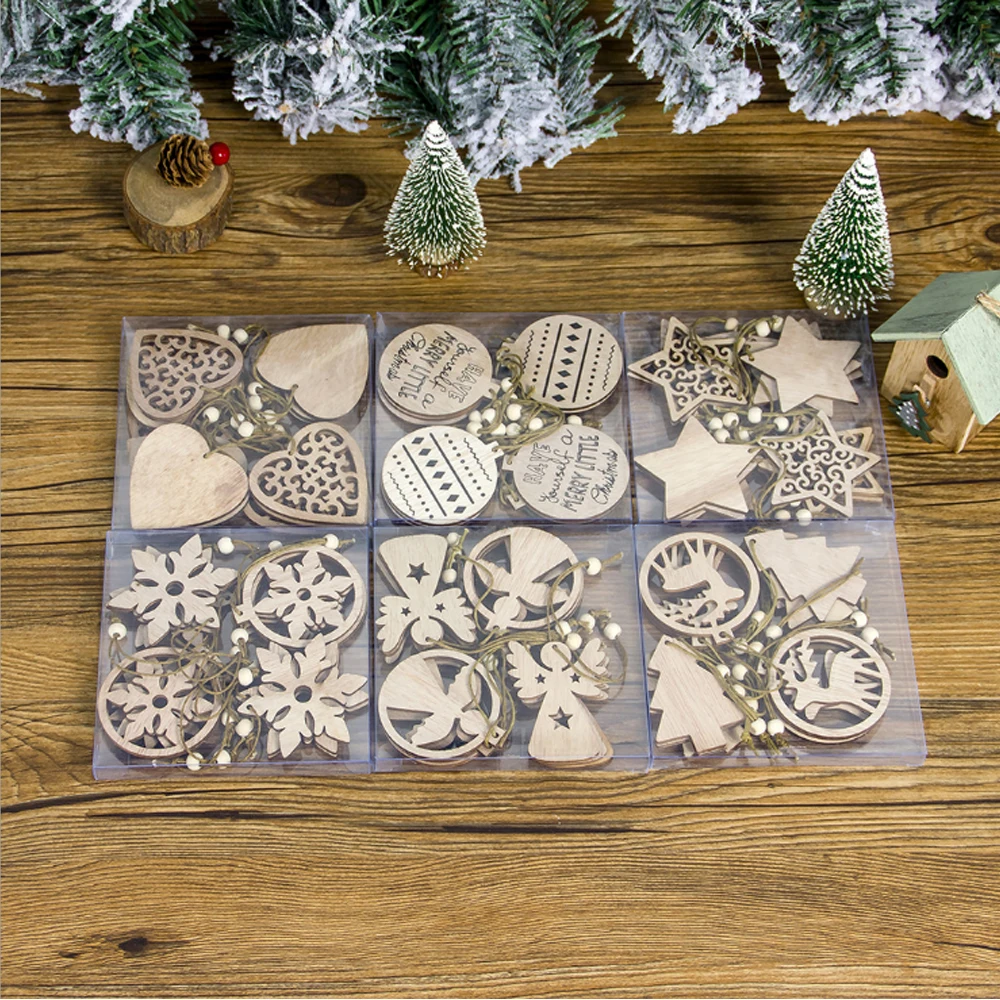 

12 pieces / box Christmas tree decorations Wood pattern christmas decorations for home Indoor Small ornaments decorations