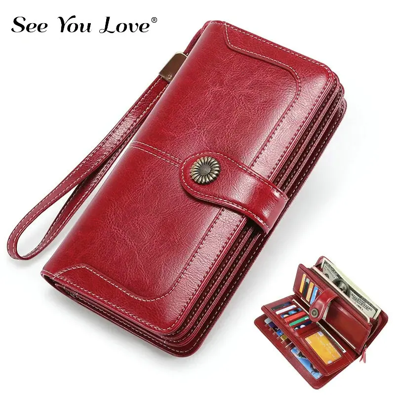 

2019 New Luxury Vintage Lady Purse Woman Wallet Genuine Leather Clutch Long Zipper Retro Female Purses Women Wallets Card Holder