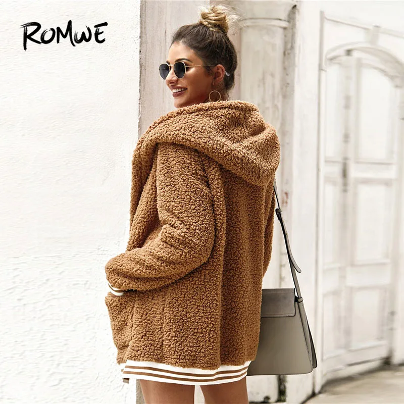 Greatest  ROMWE Contrast Stripe Trim Hooded Teddy Jacket Winter 2019 Coat Women Long Sleeve Casual Pocket Bom