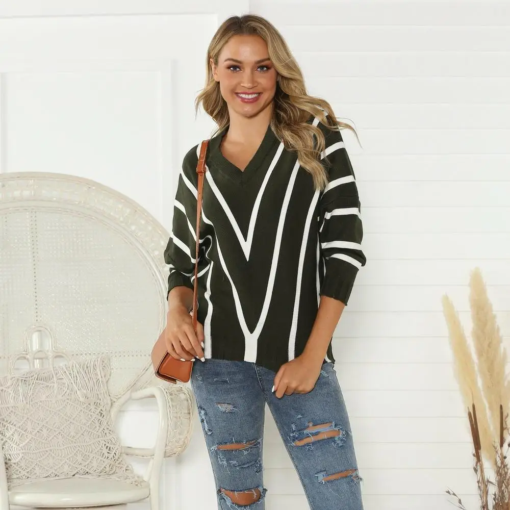 LOUIS JASON Women Cardigan Leisure Pullover V-neck Contrast Striped Elastic Sweater Long-sleeved Female Knit Pullovers | Женская одежда
