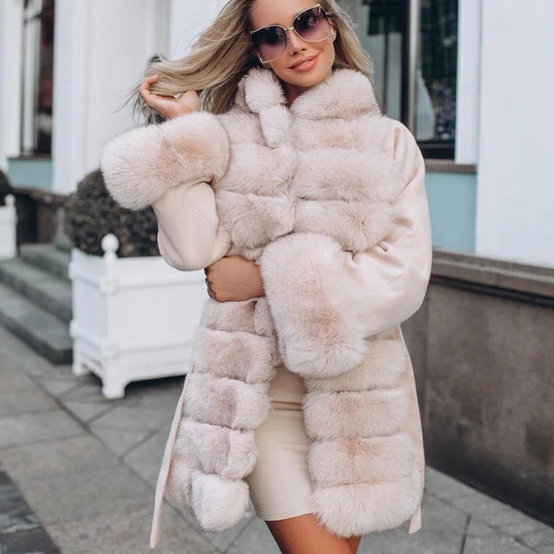 80cm Long Women Natural Fox Fur Cashmere Coat Fashion Winter Whole Skin Fox Fur Wool Blend Coats Luxury Fur Overcoats 2022 New