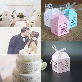 

12Pcs/set Baby Carriage Laser Cut Hollow Carriage Favors Gifts Candy Boxes With Ribbon Baby Shower Wedding Party Supplies