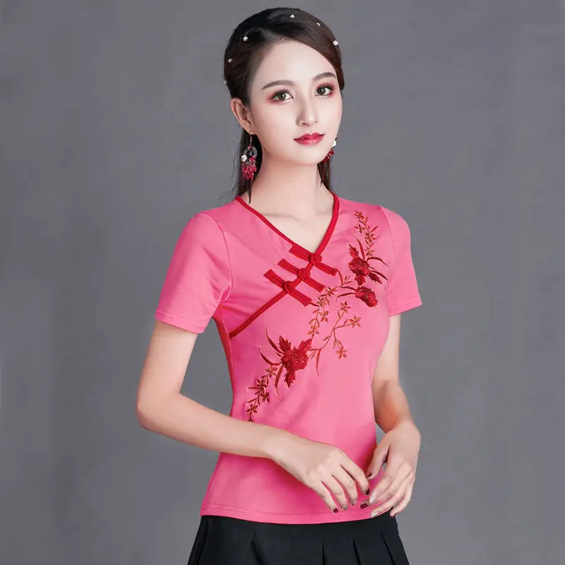 Cheongsam Womens Plus Size Short Tops Summer Fashion Cotton Blend Embroidery Cheongsam Slim fit Chinese Qipao Shirts Woman