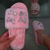2025 autumn/winter women new round-toe thick-soled flat mid-heel fur sandals bowknot rhinestone slippers Home slippers