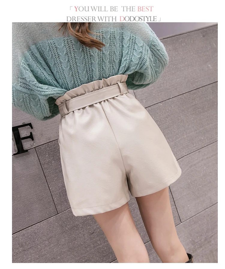 REALEFT Autumn Winter PU Leather Short Belt High Waist Vintage Black Wide Leg Pants Casual Short Pant Female Pocket New