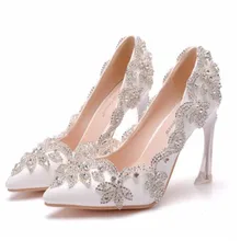 Женская обувь на высоком каблуке; свадебные туфли на тонком каблуке; белые блестящие вечерние туфли со стразами; вечерние туфли-лодочки со стразами