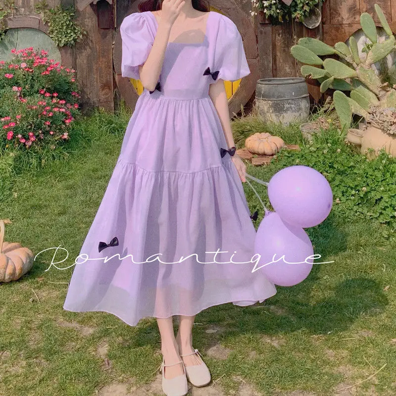 Puff Sleeve Bow Mesh Long Dress（wz）