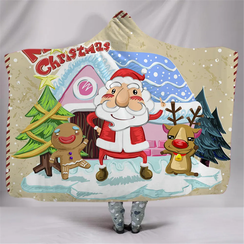 

3D Merry Christmas Hooded Blanket Super Warm Wearable Plush Throw Blanket Colorful Snowman Gift Printed Cloak Hoodie Blankets