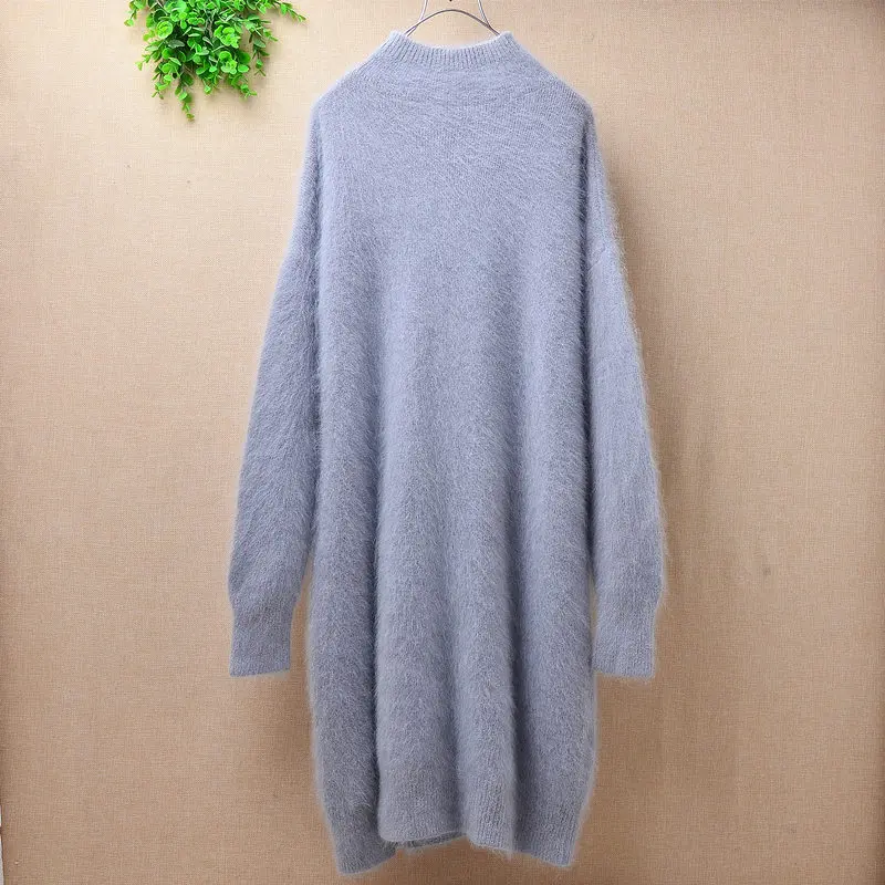 Body84cm Chest96cm Популярные женские свитера, плюшевые норковые кашемировые свитера с круглым вырезом, Ангорский кролик, мех, свободный свитер с бабочкой, длинное теплое пальто - Цвет: Body84cm Chest96cm