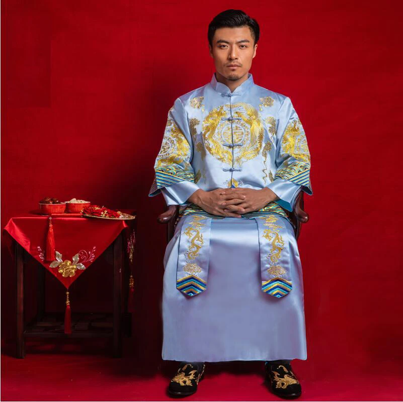 Men Show Blue Costume Royal Wedding Bridegroom Classic Cheongsam Chinese Style Long Robe Gown Stage Performance Toast Clothing men suits for wedding royal blue bridegroom groom prom slim fit formal blazer custom tuxedo best man costume jacket pants vest