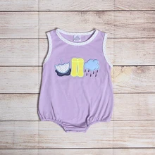 

Summer Clothes Boy Summer Purple Sleeveless Umbrella Yellow Rain Boots And Dark Clouds Embroidery Pattern Baby Romper