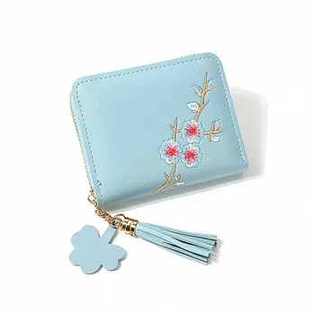 

Women Wallets Fashion Flower Embroidery Tassel Coin Card Package Faux Leather Zipper Wallet Pouch Clutch PU Lady Purse