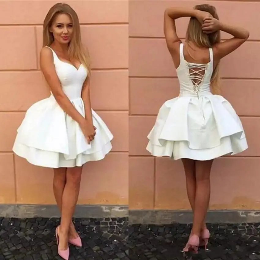 

Little White Dress puffy Prom Dresses Ruffles Off Shoulder Knee Length Short Homecoming Party cocktail Dress robes de soirée