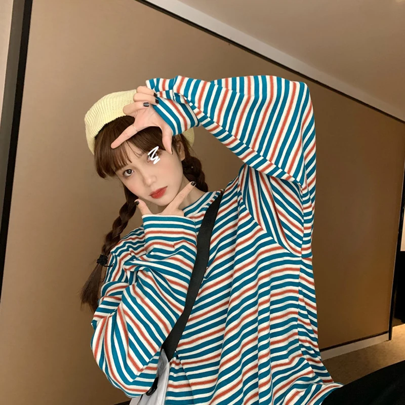 Ceny 2019 jesienne ubrania kobieta T shirt koreański styl Ulzzang Harajuku paski koszulki z długim rękawem dla kobiet na co dzień koszulka z dekoltem w topy