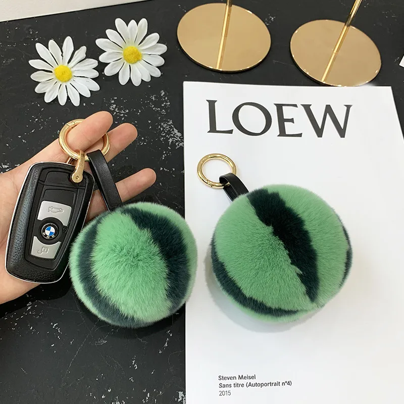Fluffy Natural Real Rex Rabbit Fur Keychain little watermelon Pendant Genuine Leather Strap Car Key Metal Ring Women Bag Charm | Украшения