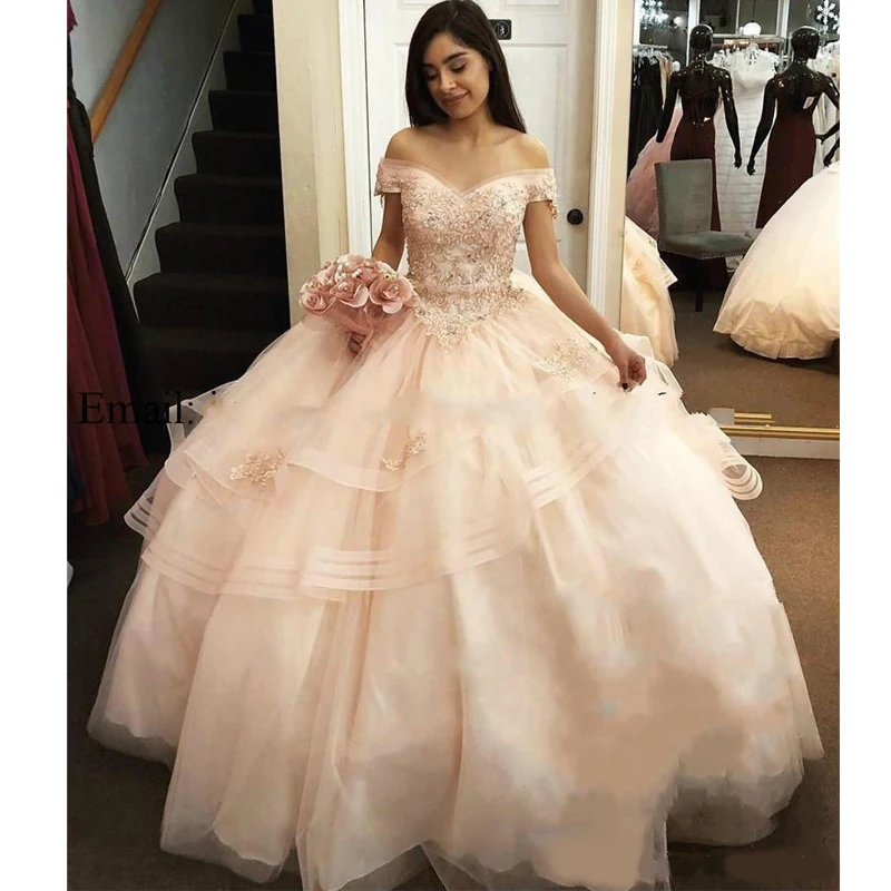 Luxury Blush Pink Bead Ball Gowns 
