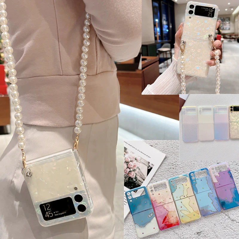 Fashion Cute Shell Pearl Crossbody Long Chain Phone Case For Samsung galaxy Z Flip3 5G Case For Galaxy Z Flip 3 4G Z Flip4 Cover z flip3 cover