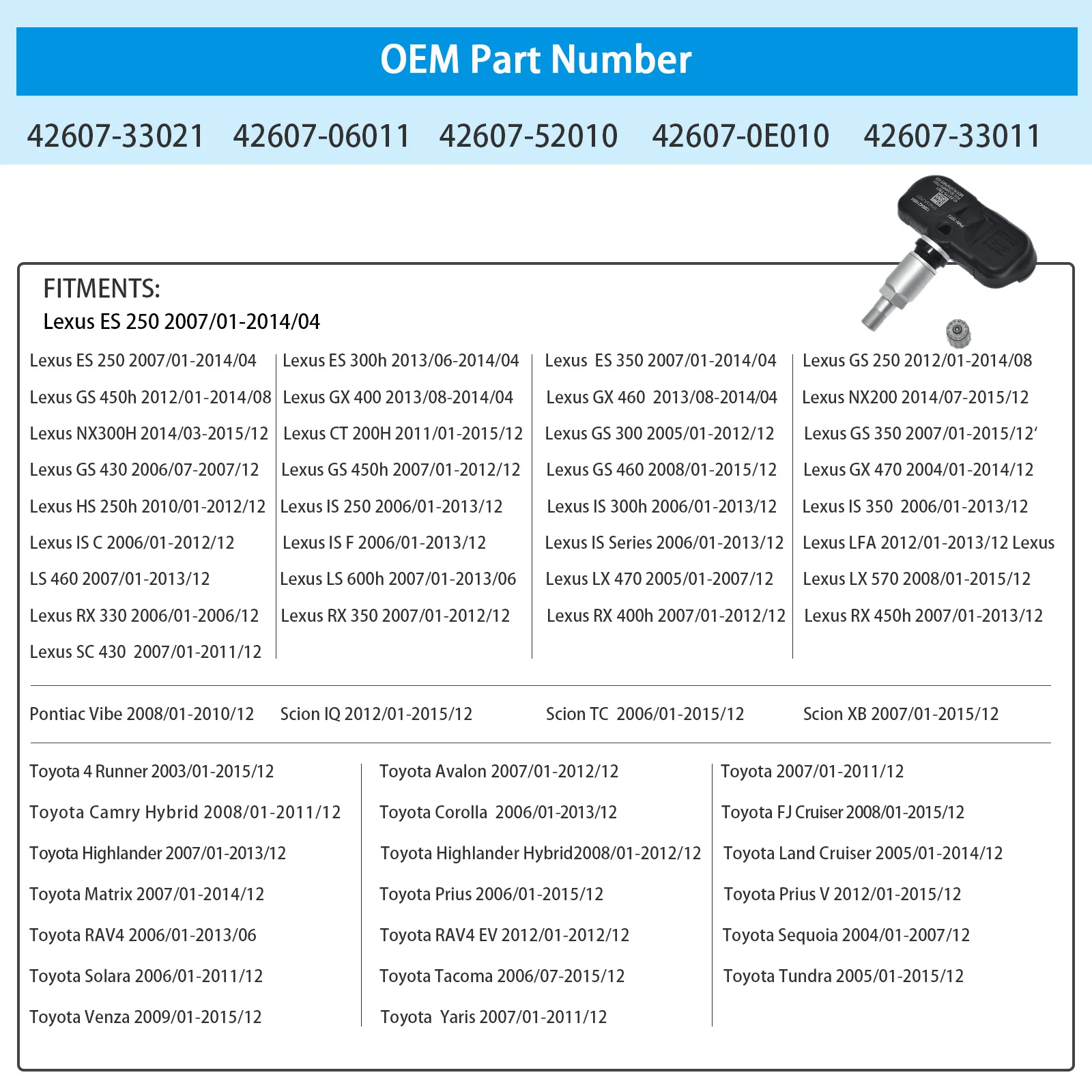 도요타 캠리 렉서스 프리우스용 TPMS 타이어 압력 모니터링 센서 PMV-107J 42607-33011 42607-33021, 미국 및 CN 재고 있음, 4PCs