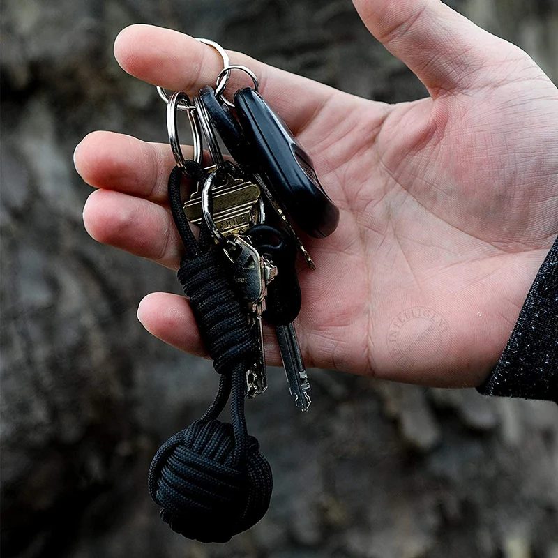 Outdoor Monkey Fist Paracord Keychain Porte-clé militaire boule en acier de survie #HD3
