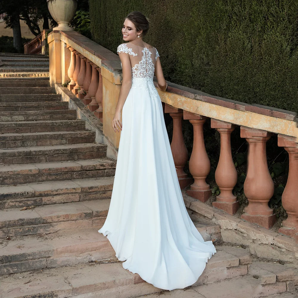 Недорогое свадебное платье Vestido De Noiva с коротким рукавом и аппликацией, шифоновое свадебное платье Бохо размера плюс с пуговицами сзади