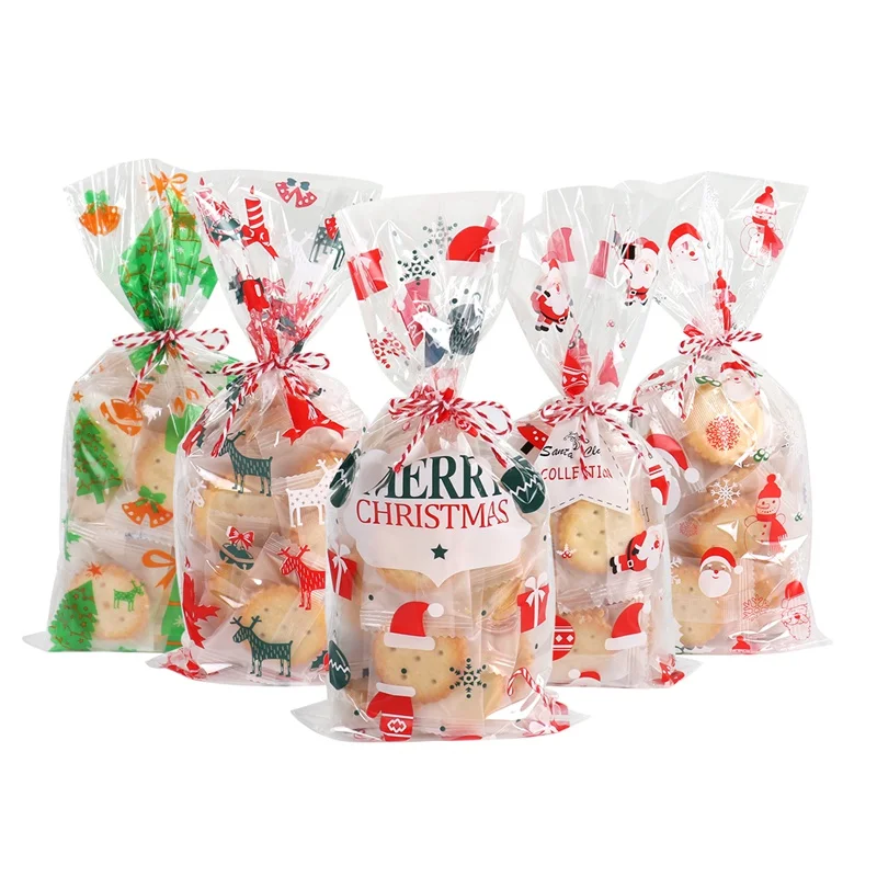 

50pcs Santa Claus Christmas Tree Elk PVC Bags Transparent Clear Gift Bag for Christmas Gifts Baking Candy Cookie Packaging Bags
