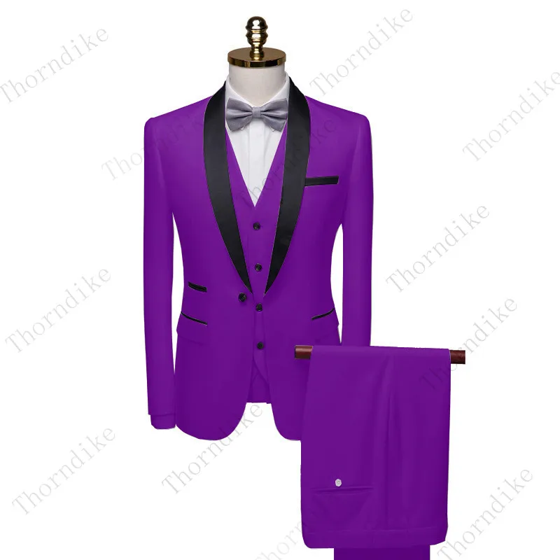 Mens Suit Thorndike Men Suit Black Collar Male Wedding Groom Slim Fit Standerd Size Blazer Set Tuxedo(Jacket+Pant+Vest)