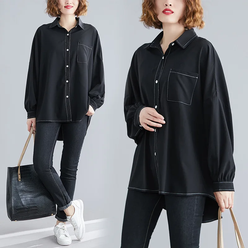 

2019 Autumn Clothing New Style Korean-style Literature And Art Solid Color Long-sleeved Shirt Fat Mm Slimming Comfortable Fold-d