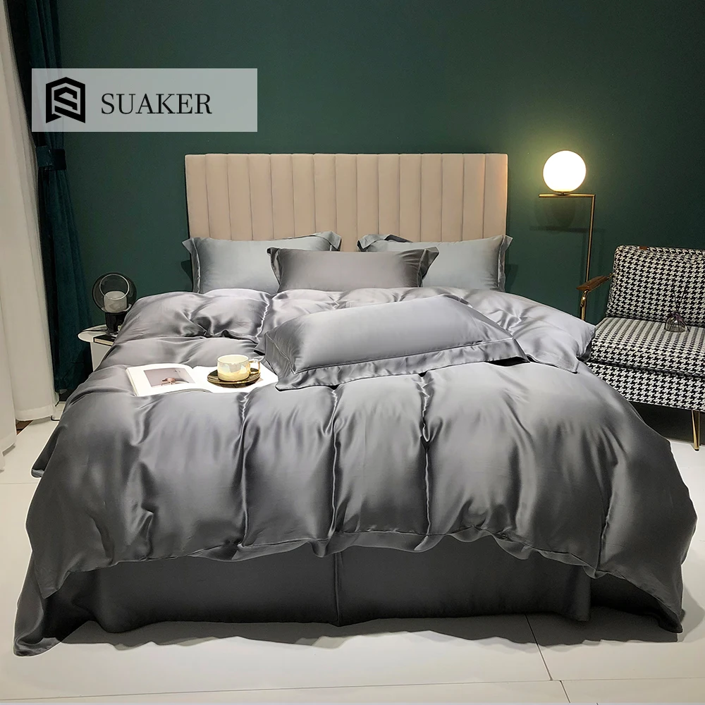 

Suaker Luxury 100% Silk Dark Gray Bedding Set 6A Grade Beauty Sleep Quilt Cover Set Quuen King Bed Linen Pillowcase For Sleep