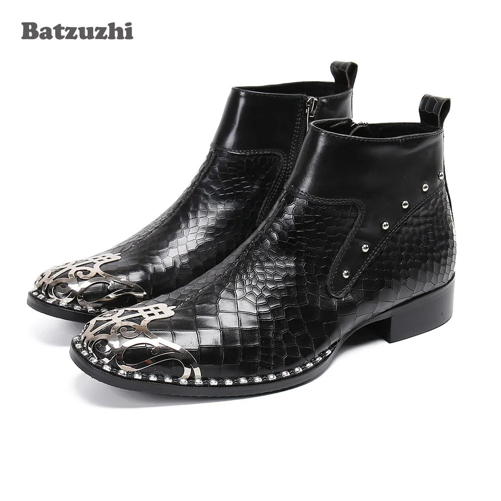 Batzuzhi Personality Leather Men's Boots Metal Toe Black Leather Short Boots Formal Business/Party Footwear Men Rock Bota Mascul
