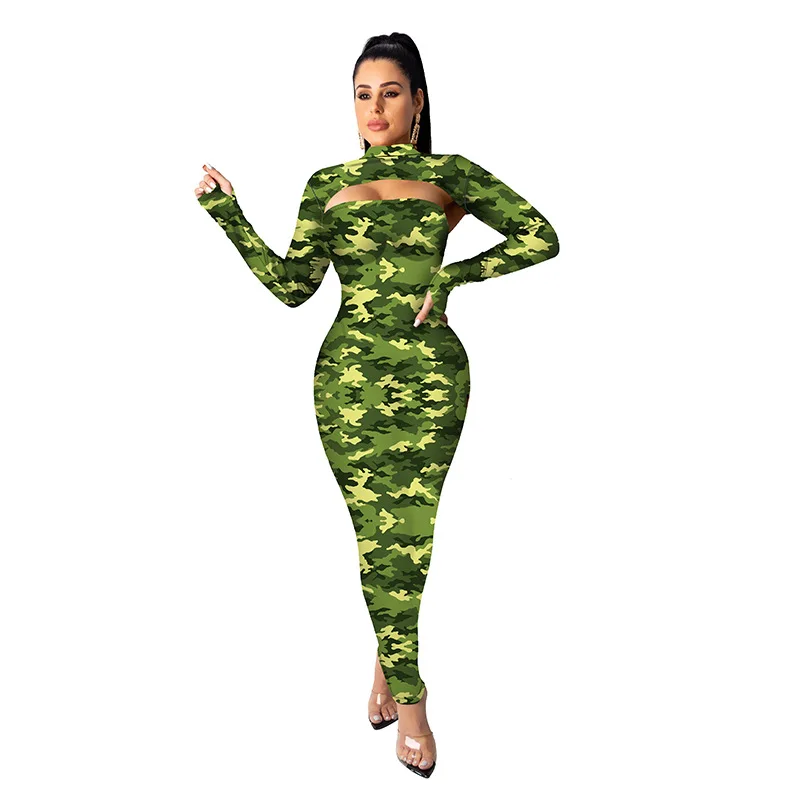 Сексуальное Клубное леопардовое Платье женское с длинным рукавом спереди с вырезом Макси Бандажное платье размера плюс осень зима женские длинные облегающие платья - Цвет: Green