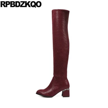 

designer chunky fur winter black high heel red shoes tall thick autumn suede slim thigh women boots over the knee long slip on