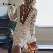 Lipswag осеннее сексуальное мини-платье с открытой спиной, женское повседневное кружевное вечернее платье с длинным рукавом, элегантное пляжное женское летнее платье