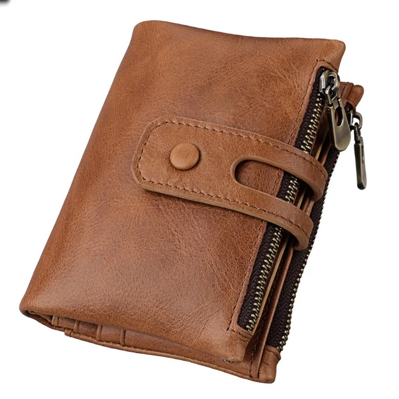 Хаки 1 PC Men Short Wallet Vintage Genuine Leather Double Zipper Anti-RFID Wallet Solider Color Credit Card Holder Clutch Wallet - Цвет: Хаки