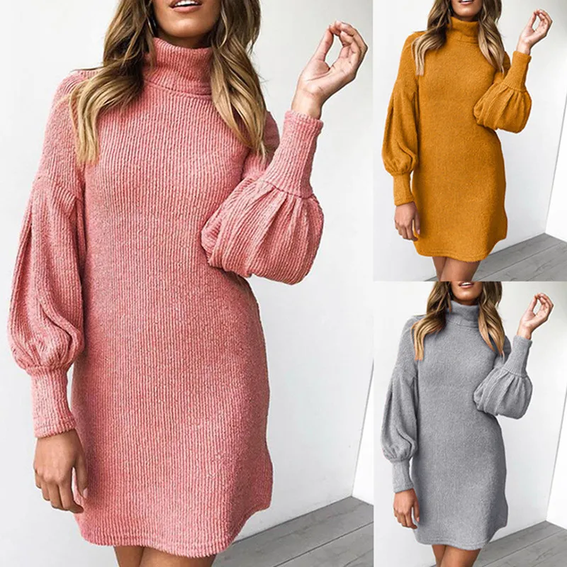 

Oufisun High Collar Women's Dress Spring Autumn Lantern Sleeve Knitting Ladies Dress Elegant Loose Package Hip Female Mini Dress