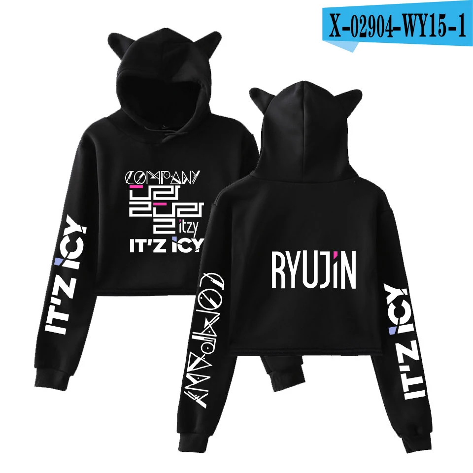 LUCKYFRIDAY Популярные ITZY Толстовки Кофты Харадзюку каваи Кот Толстовка корейский стиль пуловеры женские кроп толстовки кофты - Цвет: black