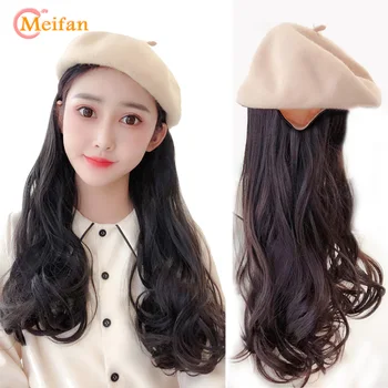 

MEIFAN Long Wavy Straight Wigs with Beret Cap Hair Extensions Woolen Fabric Beret Winter Warm Hat Party Hair Extension