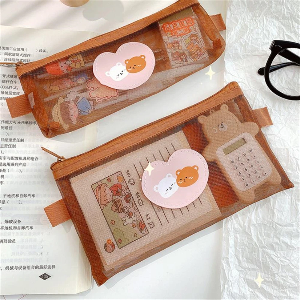 Cute Bear Transparent Mesh Pencil Case Ins Portable Toiletry Makeup Pencil Bag Stationery Gift School Pencil Box Crafts Supplies