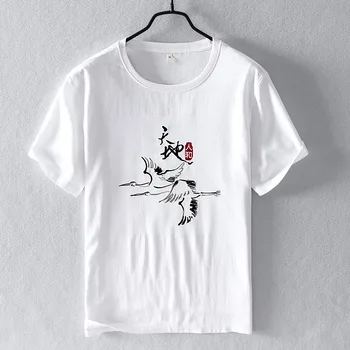 

Chinese Style Character Embroidery Short Sleeve T-Shirt Men's Casual White Cotton Linen Splice Tops Fashion Summer T shirt Y2788